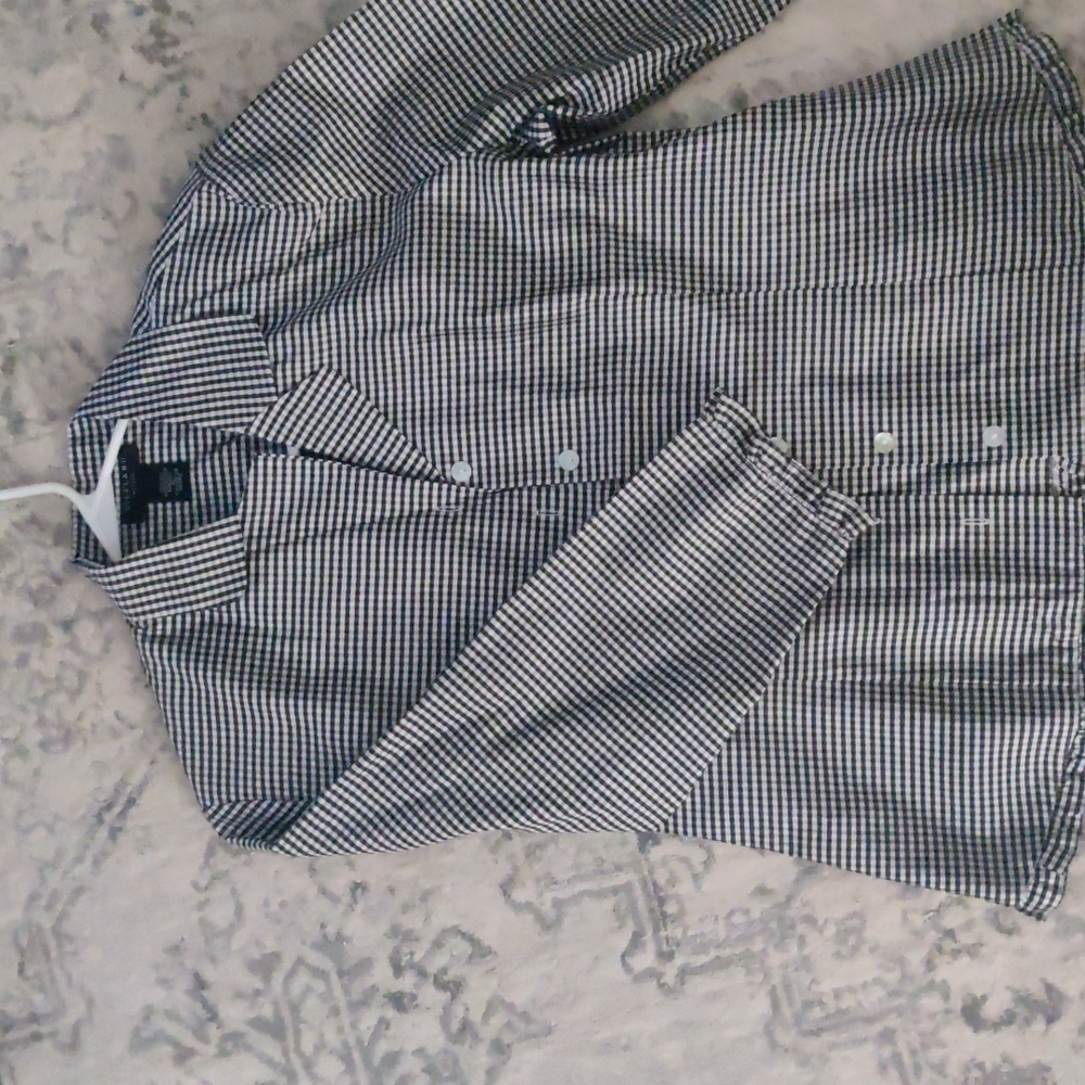 Women's 100% silk black and white check petite large blouse